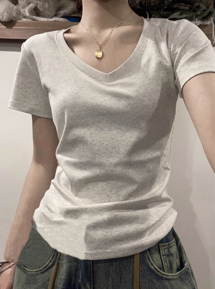 2025夏新款正肩女t卹短袖修身顯瘦U領純棉設計感小衆百搭短黑上衣