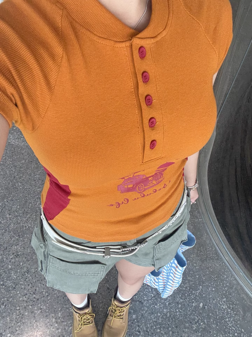 喲酷酷 春夏小眾設計感上衣美式復古Polo領印花坑條拼色短袖T恤女