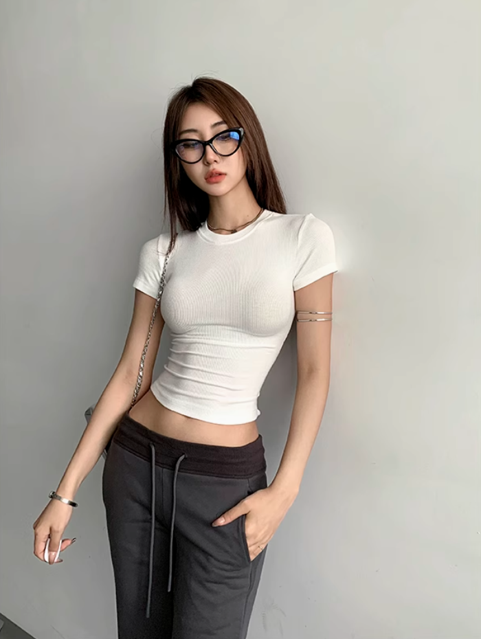 卡戴珊同款T純色圓領春夏款緊身skims短袖上衣女修身螺紋打底t恤