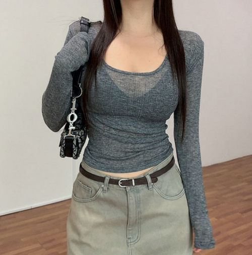 韓國東大門春夏新款百搭性感低胸V領緊身薄款微透長袖T恤女打底衫