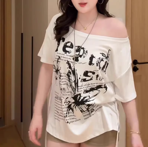 大碼胖mm純棉美式字母印花斜肩短袖T恤女夏季慵懶風寬鬆休閒上衣