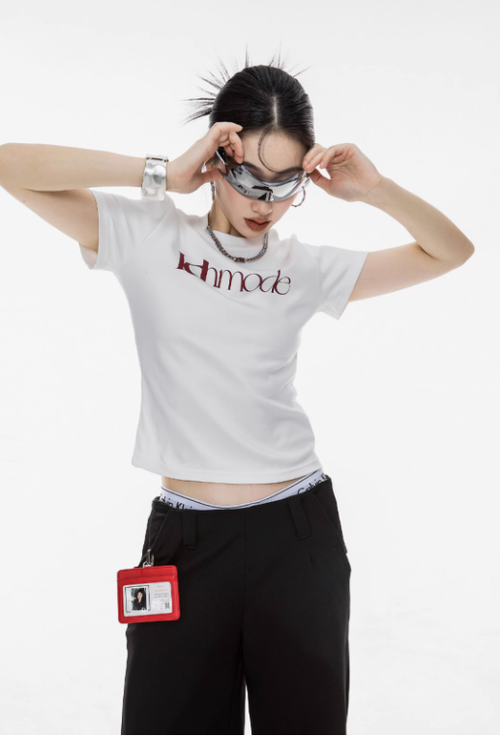 ICH MODE 美式白色正肩短袖T恤女夏季新款修身辣妹短款半袖上衣t