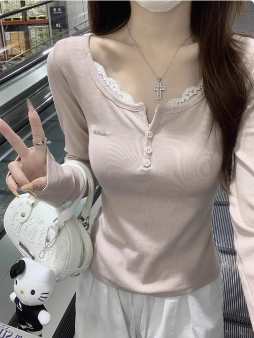 蕾絲拼接2025初夏穿搭打底衫內搭小衫長袖t卹女裝夏季短款上衣