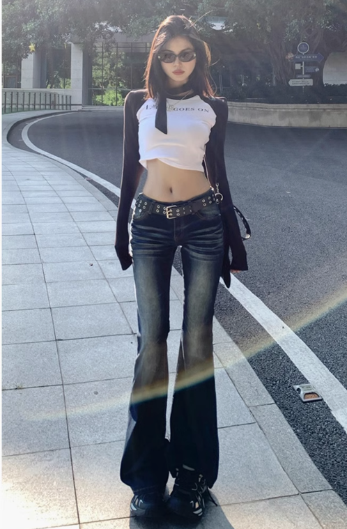 美式懷舊低腰辣妹微喇叭牛仔褲女2025新款百搭彈力修身顯瘦馬蹄褲
