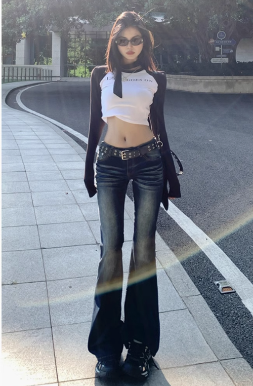 美式懷舊低腰辣妹微喇叭牛仔褲女2025新款百搭彈力修身顯瘦馬蹄褲