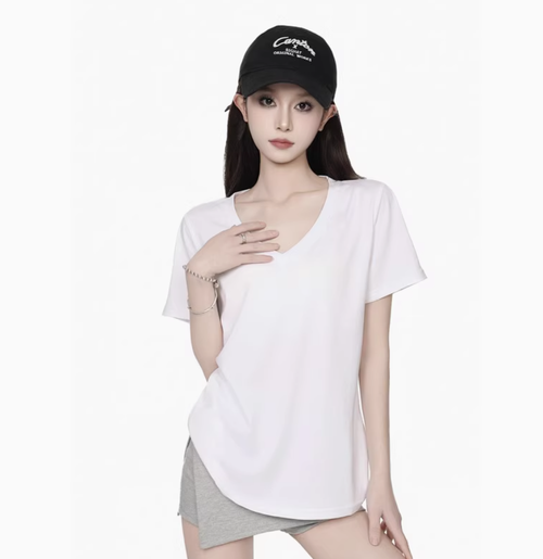 白色慵懶風V領正肩短袖t恤女2025夏季寬鬆內搭修身顯瘦辣妹上衣