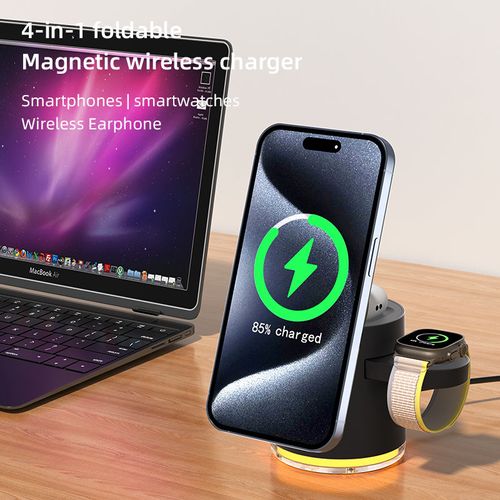 Foldable 3-in-1 Magnetic Wireless Charger RGB Light Emitting Diode Wireless Phone Charger Smartphone Holder