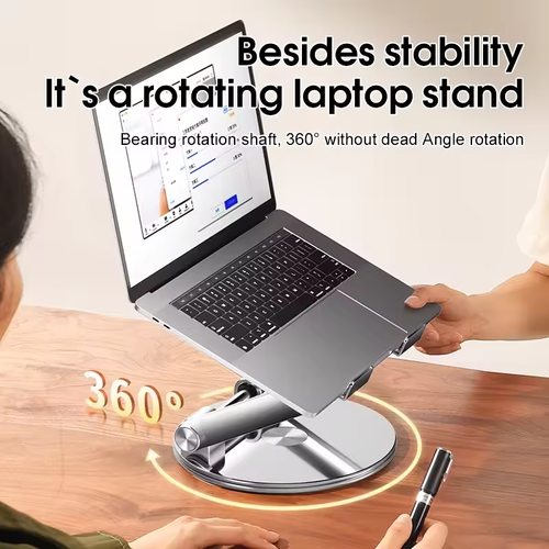 Laptop stand with 360-degree rotation, adjustable height, and cooling support for tablets