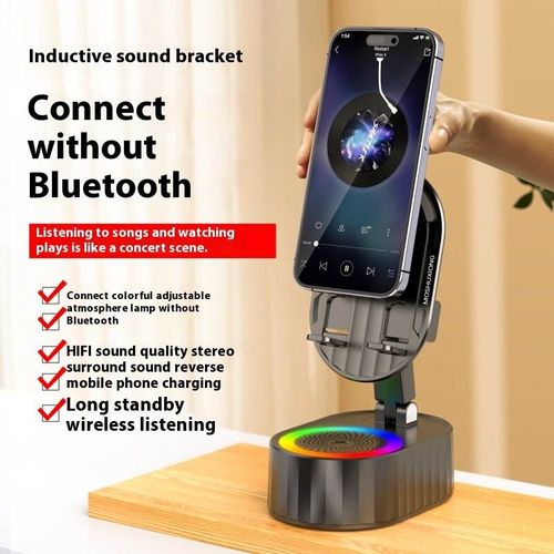 A multifunctional smart three-in-one device that serves as a phone stand, Bluetooth speaker, and power bank for watching shows, listening to music, and charging.