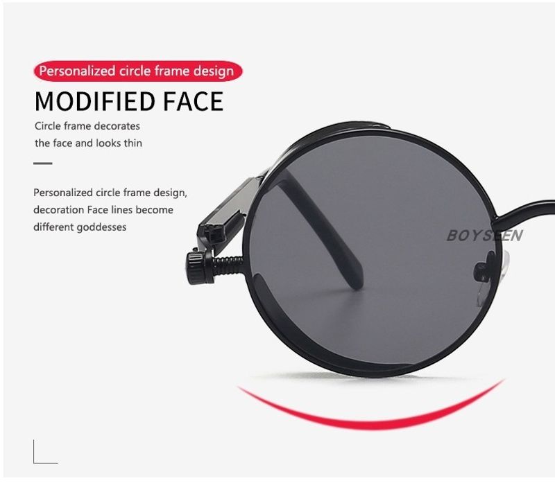BOYSEEN New Punk Sunglasses Retro Metal Round Thick Frame Sunglasses Spring Temple