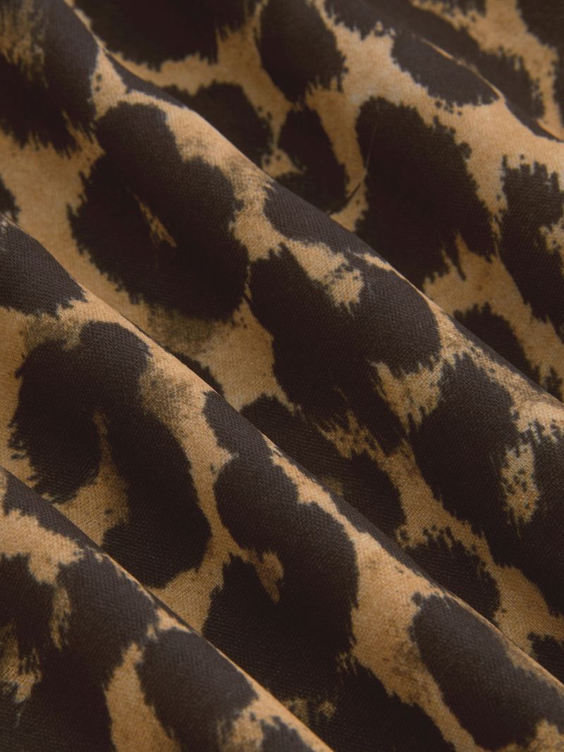 Mid Rise Elastic Waist Leopard Wide Leg Trousers