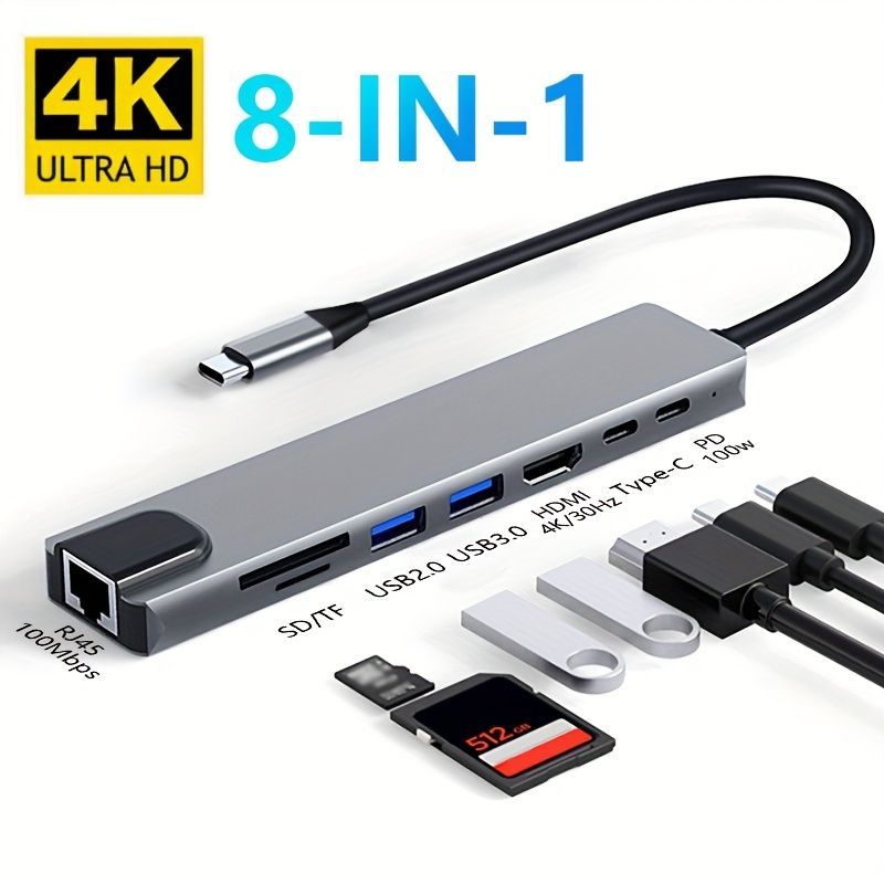 8-in-1 USB-C Hub, 4K HDTV Adapter with USB-C, PD 100W Charging, RJ45 Ethernet, SD-TF Card Reader, USB 2.0-3.0 Ports, Type-C to HDTV Connection for Laptops,