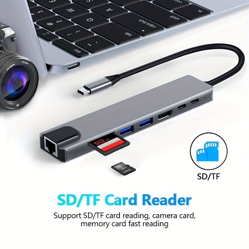 8-in-1 USB-C Hub, 4K HDTV Adapter with USB-C, PD 100W Charging, RJ45 Ethernet, SD-TF Card Reader, USB 2.0-3.0 Ports, Type-C to HDTV Connection for Laptops,