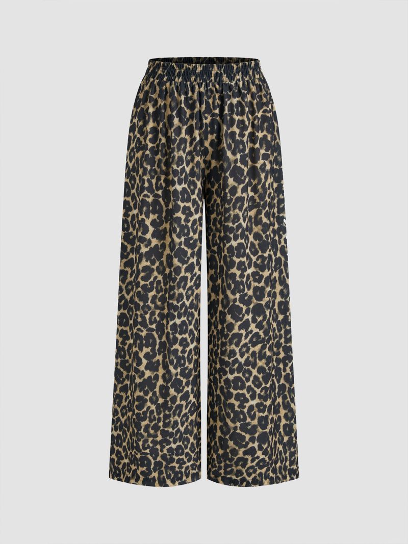 Mid Rise Elastic Waist Leopard Wide Leg Trousers
