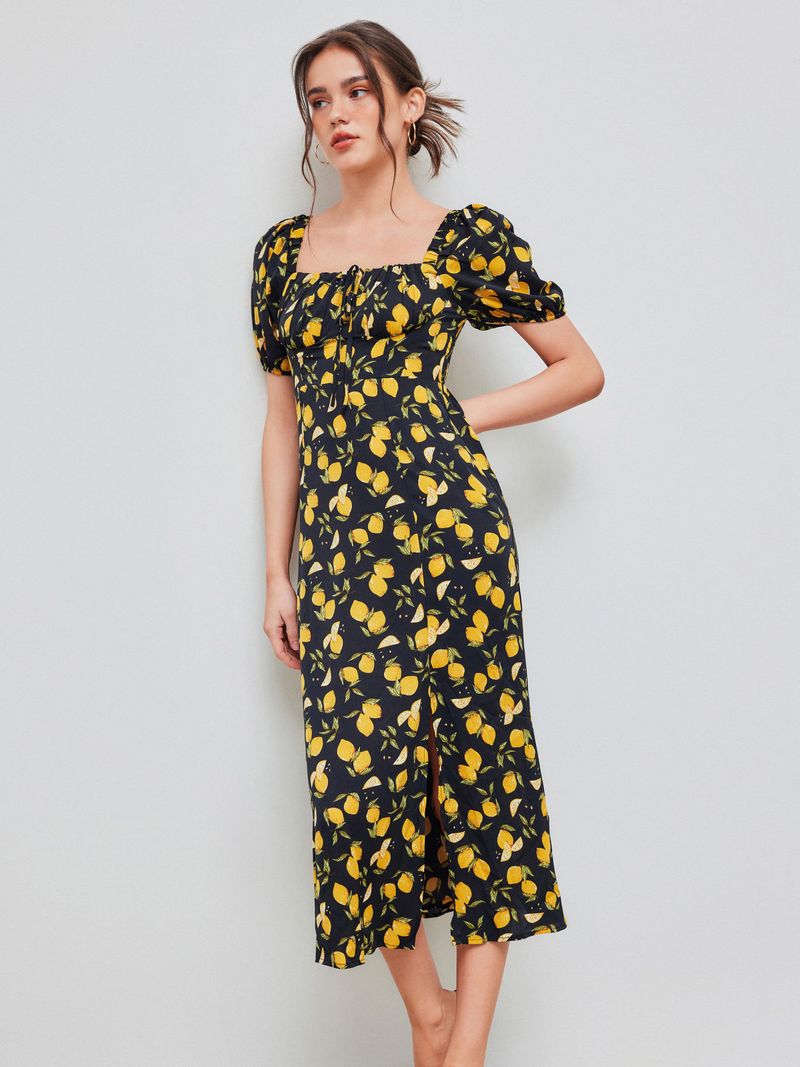 Lemon Split Knotted Shirred Midi Dress