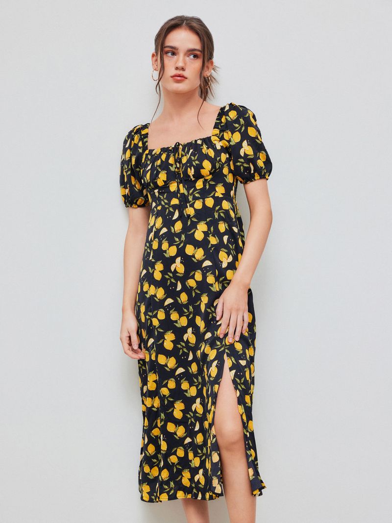 Lemon Split Knotted Shirred Midi Dress