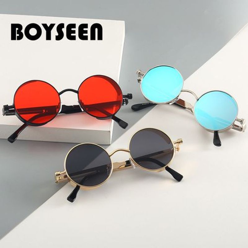 BOYSEEN New Punk Sunglasses Retro Metal Round Thick Frame Sunglasses Spring Temple