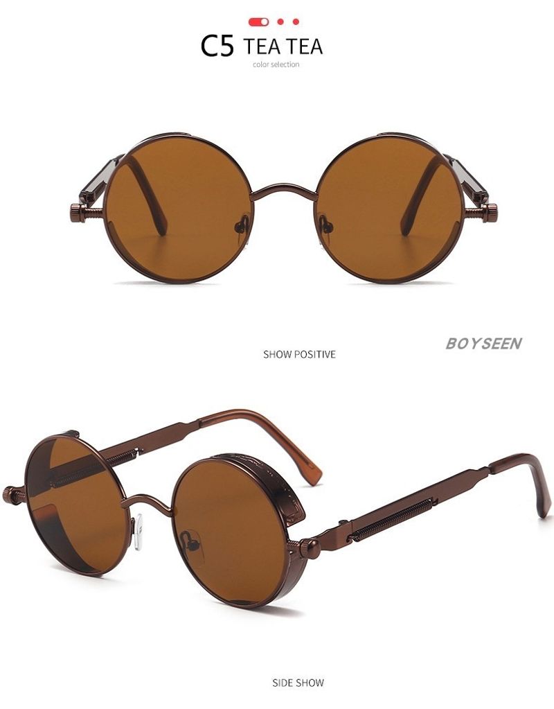 BOYSEEN New Punk Sunglasses Retro Metal Round Thick Frame Sunglasses Spring Temple