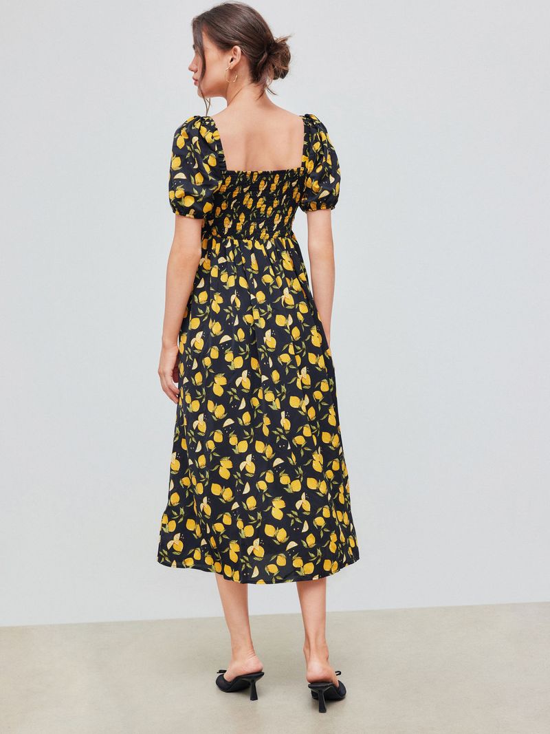 Lemon Split Knotted Shirred Midi Dress