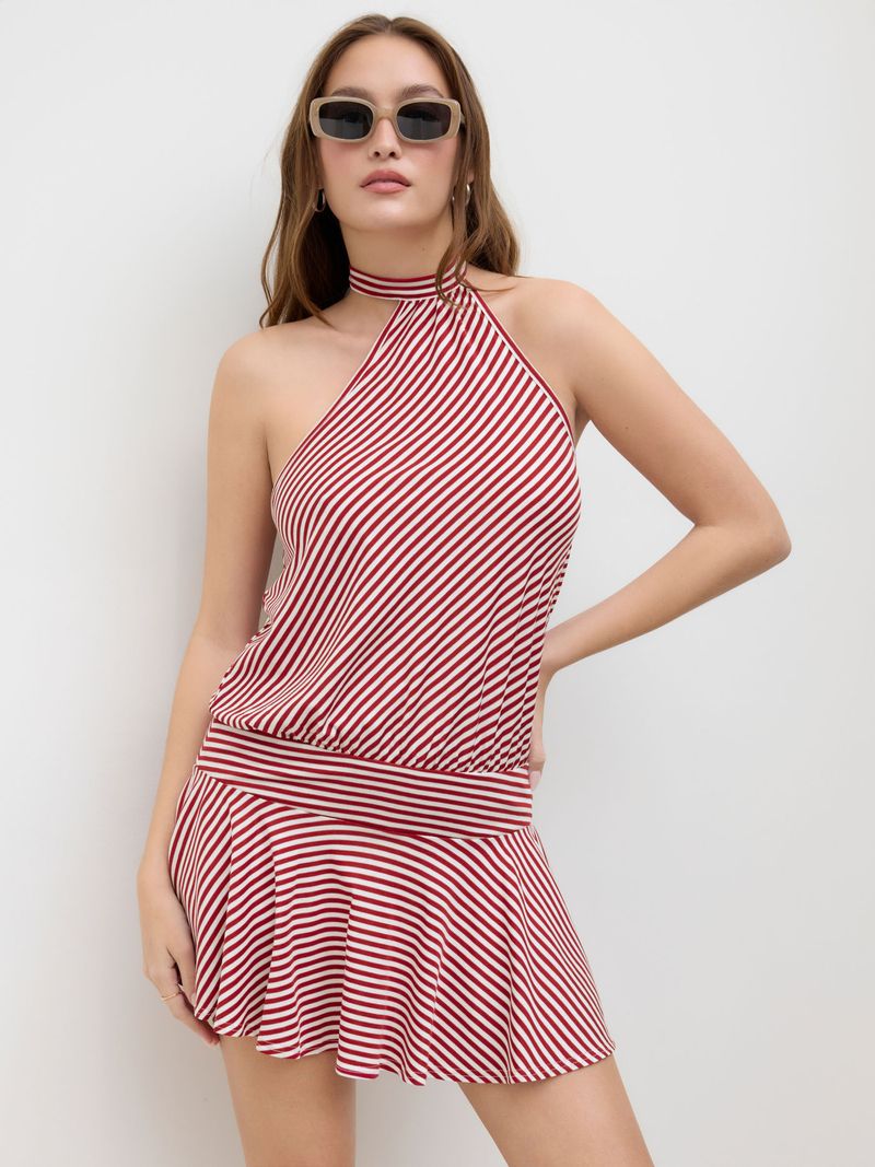 Halter Neckline Stripe Ruffle Mini Dress With Scarf