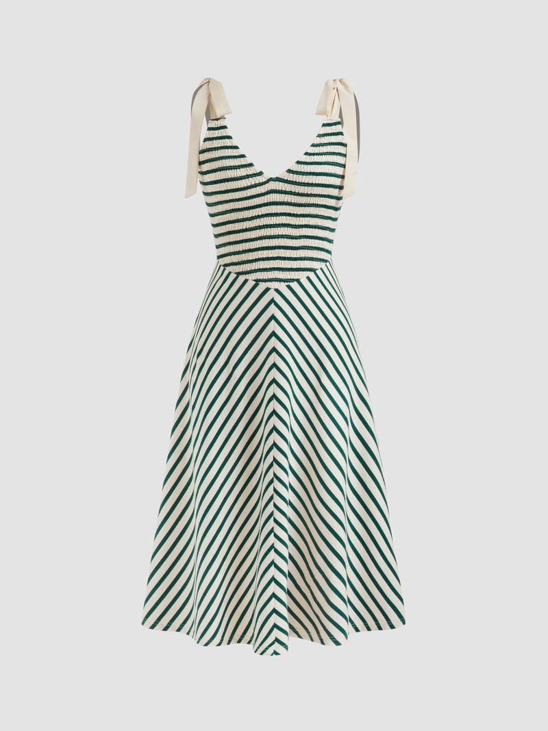 V-neck Stripe Shirred Bowknot Maxi Dress
