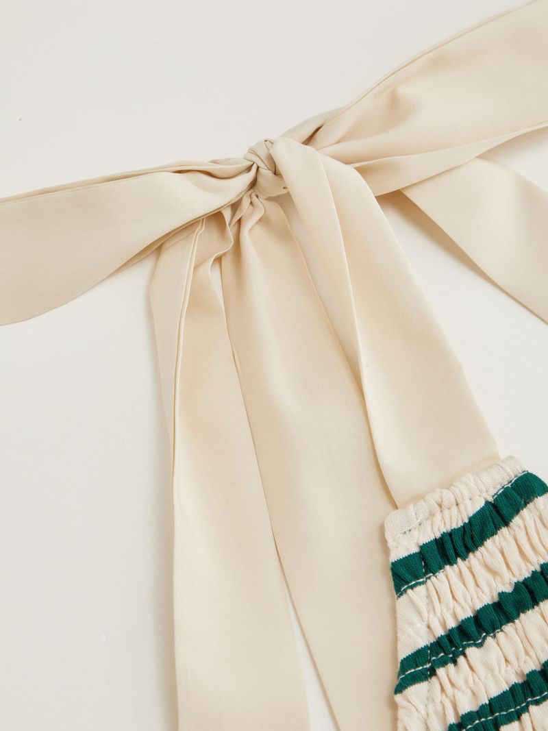 V-neck Stripe Shirred Bowknot Maxi Dress