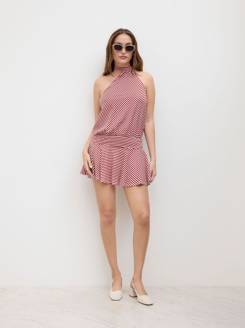 Halter Neckline Stripe Ruffle Mini Dress With Scarf