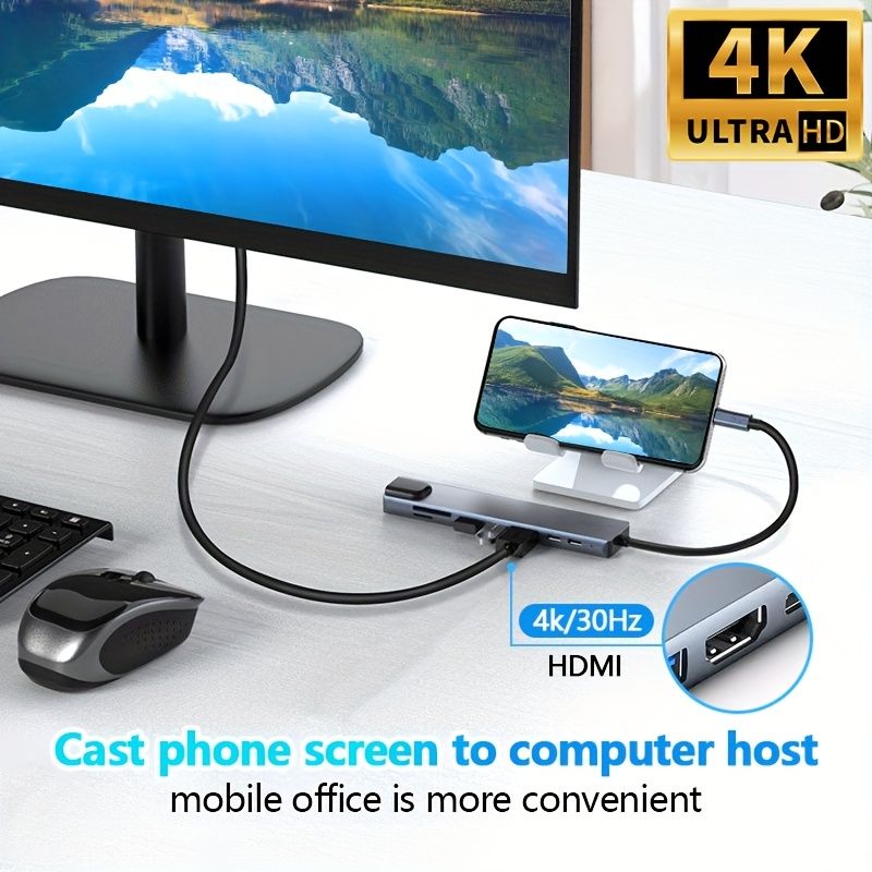 8-in-1 USB-C Hub, 4K HDTV Adapter with USB-C, PD 100W Charging, RJ45 Ethernet, SD-TF Card Reader, USB 2.0-3.0 Ports, Type-C to HDTV Connection for Laptops,