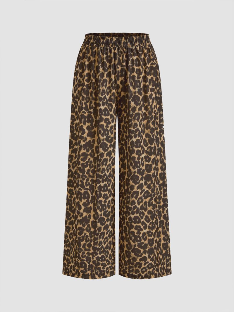 Mid Rise Elastic Waist Leopard Wide Leg Trousers