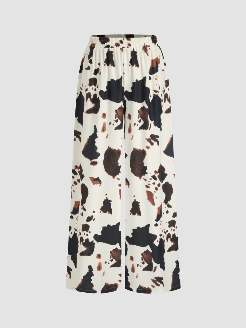 Mid Rise Elastic Waist Leopard Wide Leg Trousers