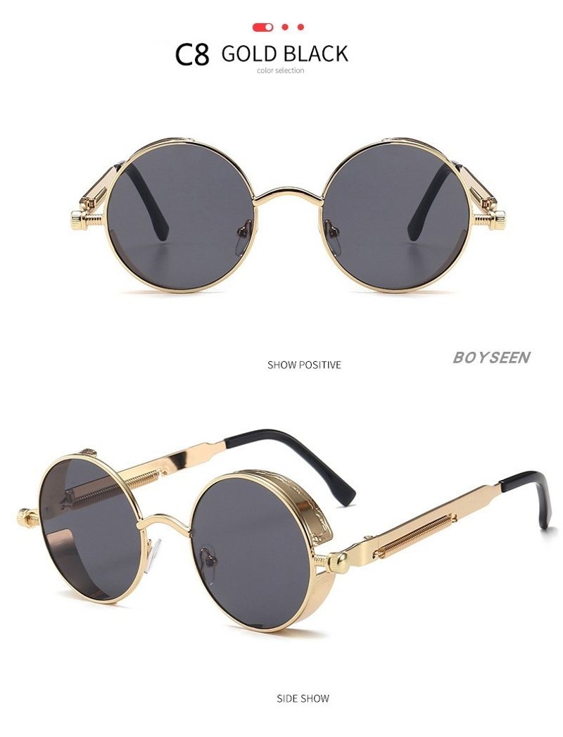 BOYSEEN New Punk Sunglasses Retro Metal Round Thick Frame Sunglasses Spring Temple