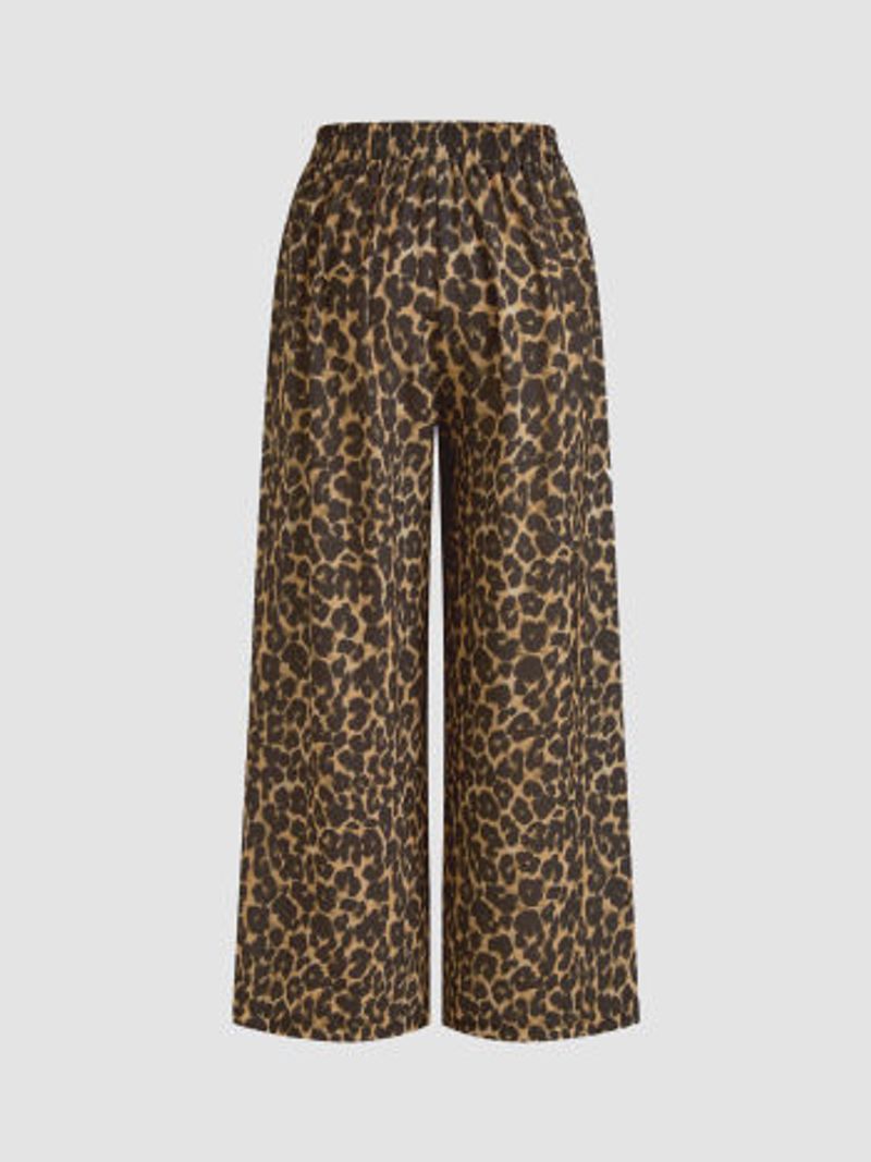 Mid Rise Elastic Waist Leopard Wide Leg Trousers
