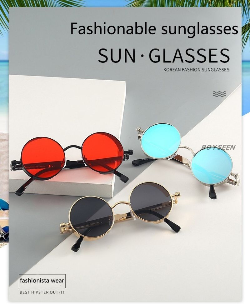 BOYSEEN New Punk Sunglasses Retro Metal Round Thick Frame Sunglasses Spring Temple