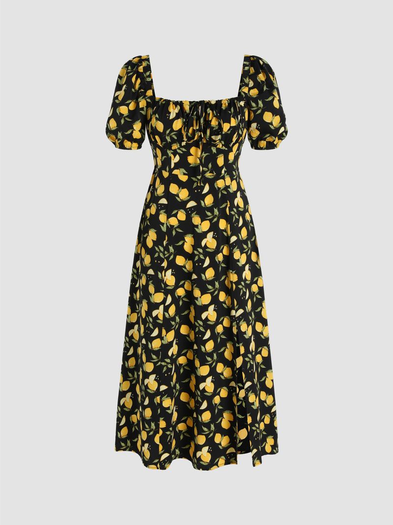 Lemon Split Knotted Shirred Midi Dress