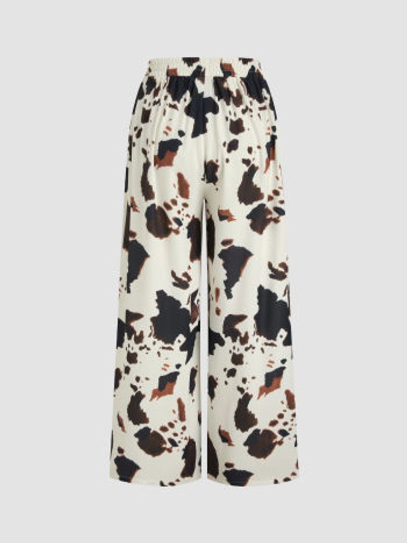 Mid Rise Elastic Waist Leopard Wide Leg Trousers