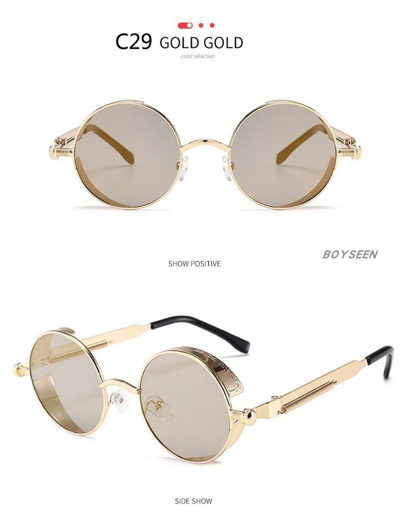 BOYSEEN New Punk Sunglasses Retro Metal Round Thick Frame Sunglasses Spring Temple