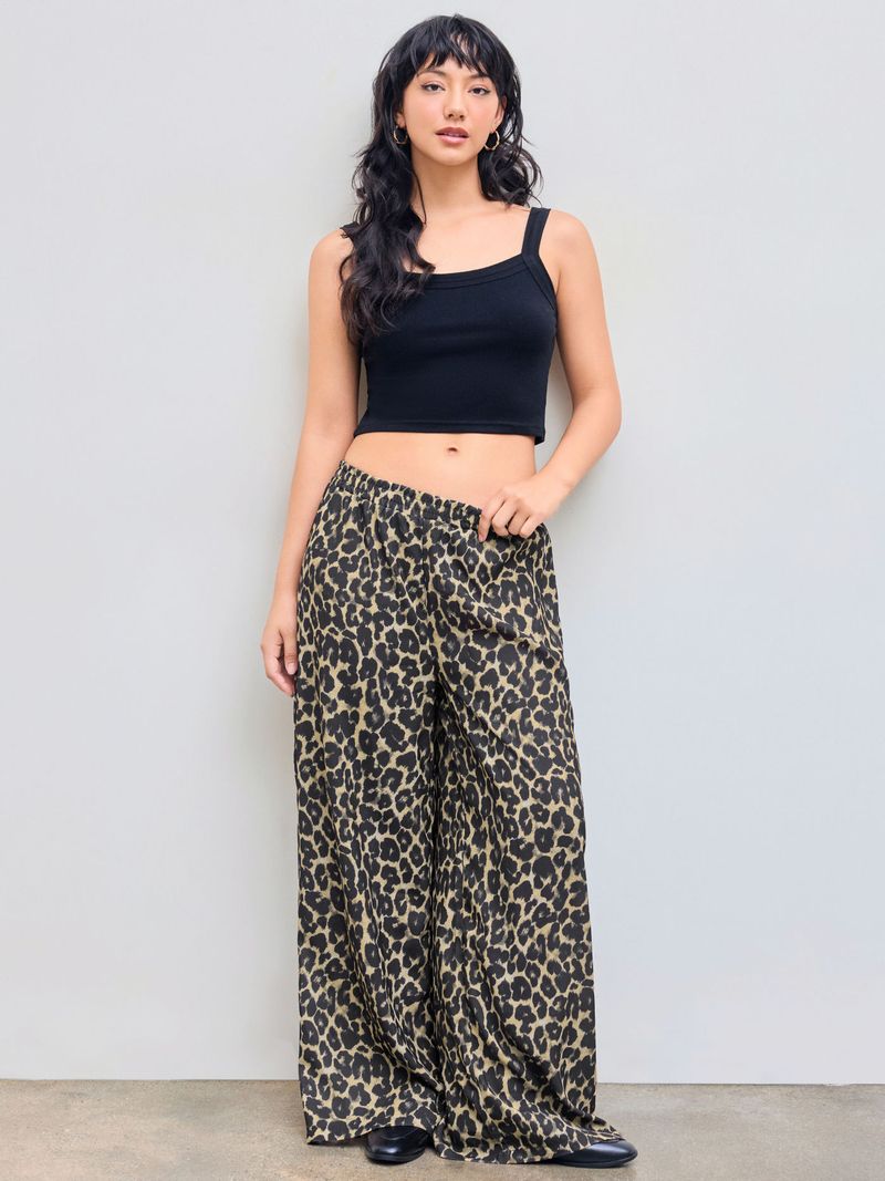 Mid Rise Elastic Waist Leopard Wide Leg Trousers