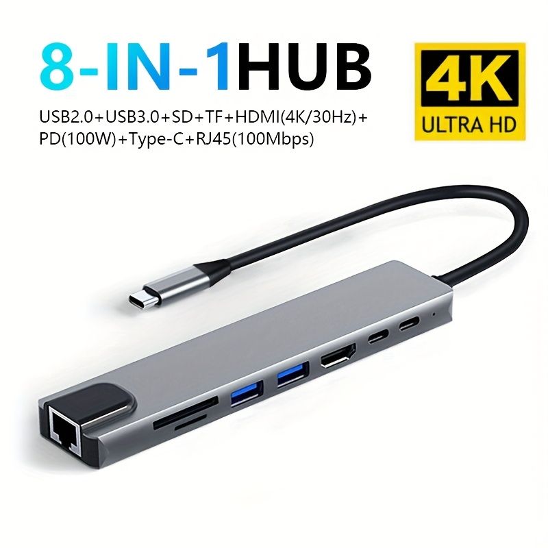 8-in-1 USB-C Hub, 4K HDTV Adapter with USB-C, PD 100W Charging, RJ45 Ethernet, SD-TF Card Reader, USB 2.0-3.0 Ports, Type-C to HDTV Connection for Laptops,