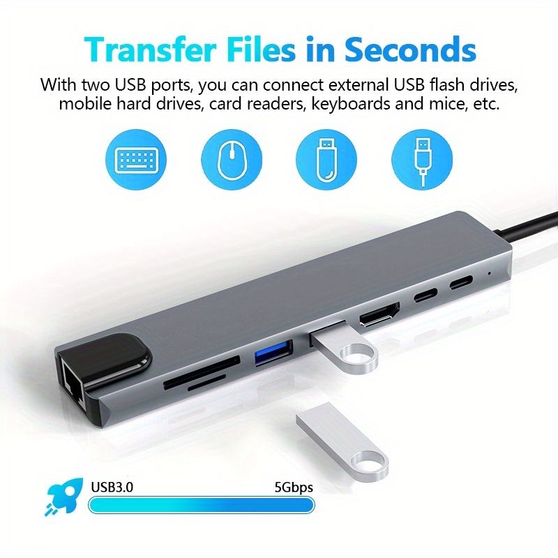 8-in-1 USB-C Hub, 4K HDTV Adapter with USB-C, PD 100W Charging, RJ45 Ethernet, SD-TF Card Reader, USB 2.0-3.0 Ports, Type-C to HDTV Connection for Laptops,