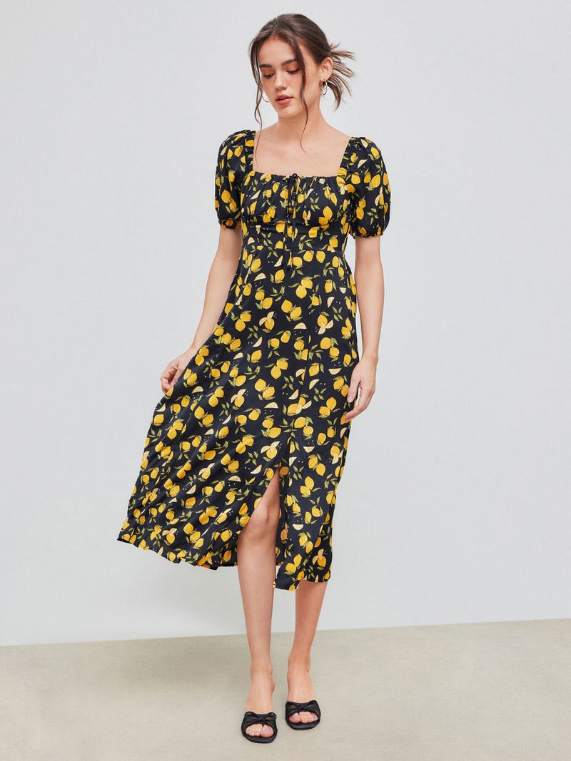Lemon Split Knotted Shirred Midi Dress