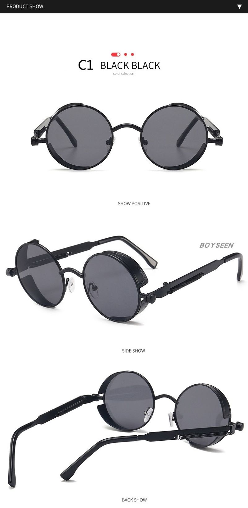 BOYSEEN New Punk Sunglasses Retro Metal Round Thick Frame Sunglasses Spring Temple