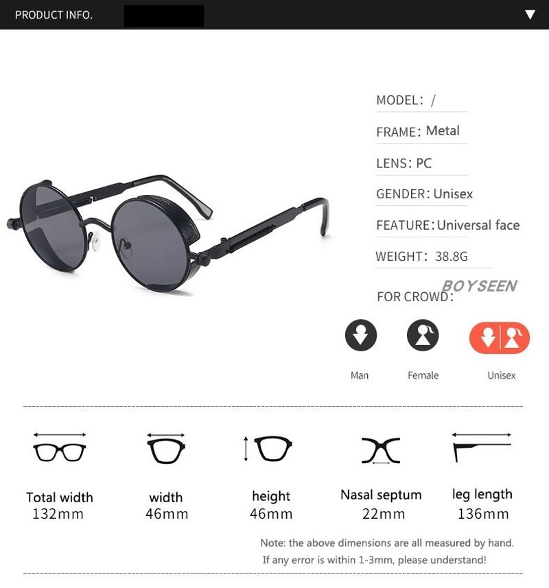 BOYSEEN New Punk Sunglasses Retro Metal Round Thick Frame Sunglasses Spring Temple