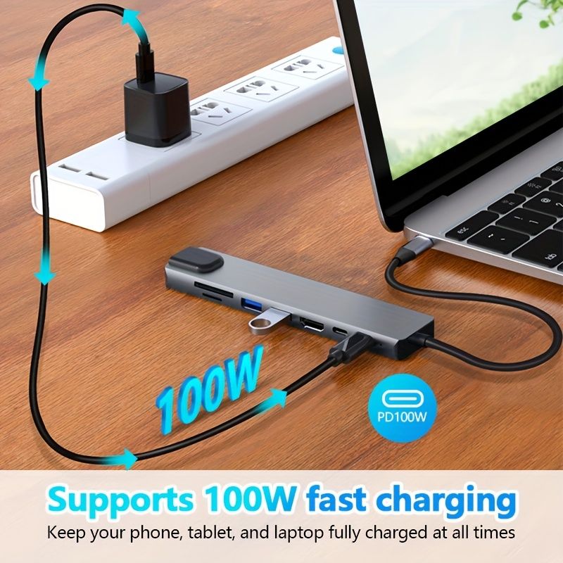 8-in-1 USB-C Hub, 4K HDTV Adapter with USB-C, PD 100W Charging, RJ45 Ethernet, SD-TF Card Reader, USB 2.0-3.0 Ports, Type-C to HDTV Connection for Laptops,
