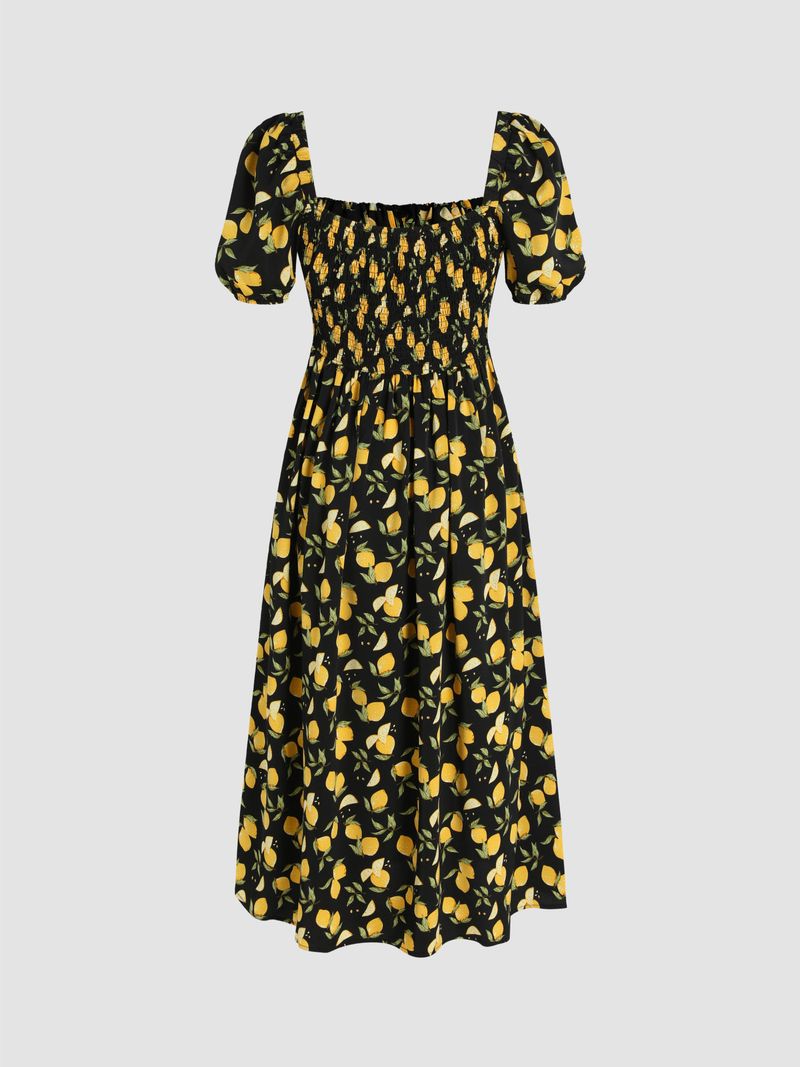 Lemon Split Knotted Shirred Midi Dress