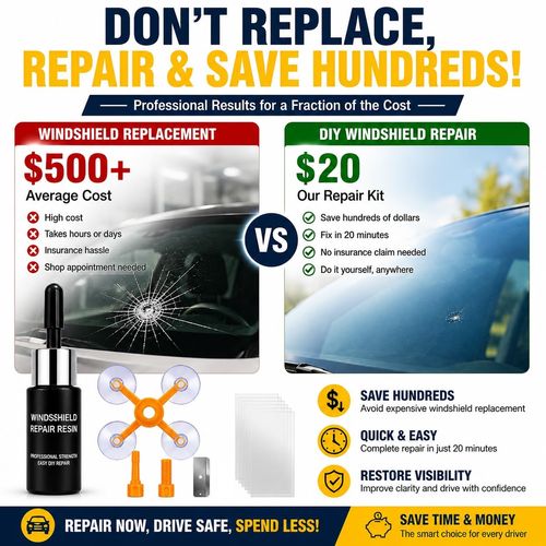 Windshield Repair Kit for quick DIY repair of small chips and cracks. Resin fills damage to improve clarity and reduce visibility. Suitable for bullseye, star, and minor damage. Easy home use