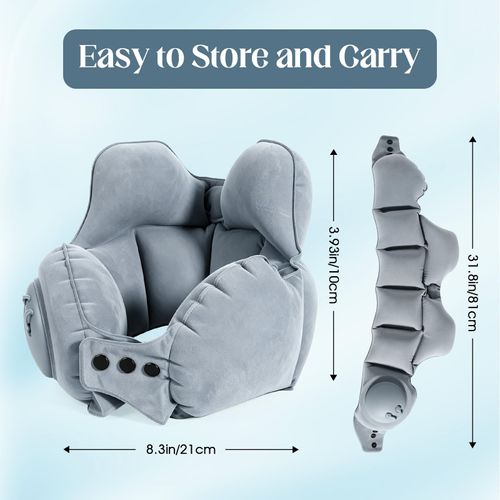 Inflatable Neck Pillow（Includes storage bag）, U-Shaped Travel Pillow with Adjustable Snap Grey
