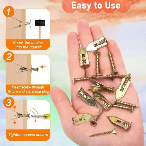 100PCS Self Drilling Drywall Anchors with Screws Kit, Metal Expansion Bolt Heavy Duty Wall Anchors and Screws for Drywall, No Drill Mounting for Fixing TV, Shelves, Cabinet, Curtains (0.43 * 1.18 in)
