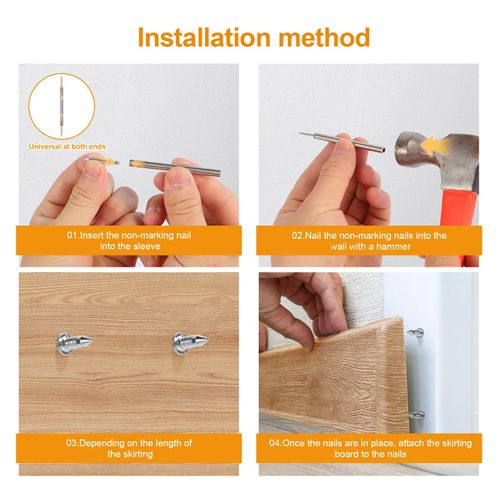 500pcs Double-Head Skirting Thread Seamless Nails, 2-Sided Nails with 5 Sleeve Tool,Invisible Double Headed Trim Seamless Pins for Seamless Baseboard Installation, Molding & Wall Panels.