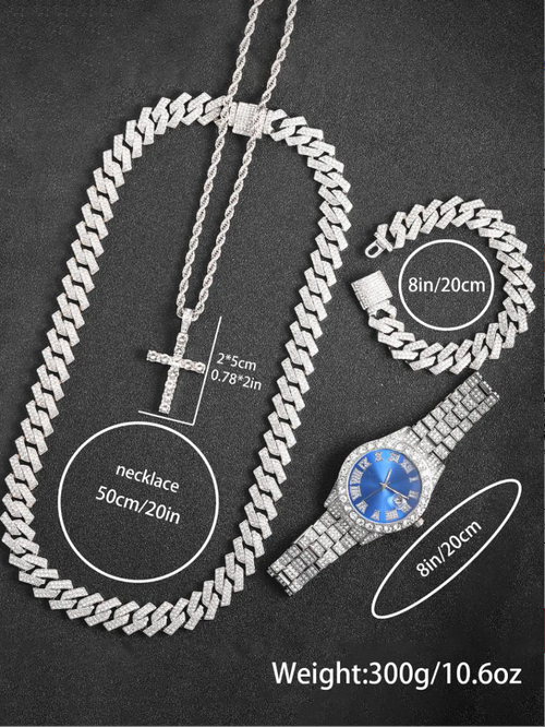 Luxury Punk with Necklace Bracelet Cross Pendant, Analog Quartz Movement, Adjustable Strap, Unisex Gift Box for All Seasons, Fashionable Jewelry Set, Bling Matching Set