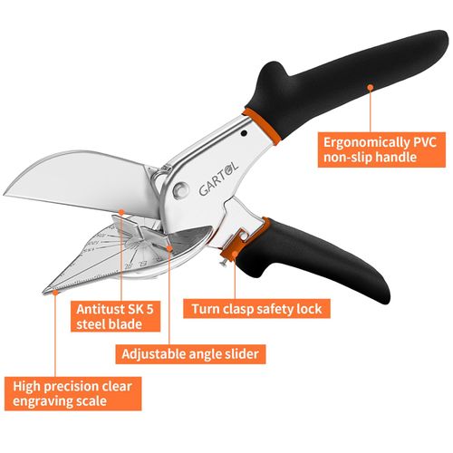 Miter Shears, 45-135 Degree Adjustable Angle Scissors, Quarter Round Cutter Tool with Spare SK5 Blades, Trunking Shears for Cutting PVC, Trim and Softwood Moulding